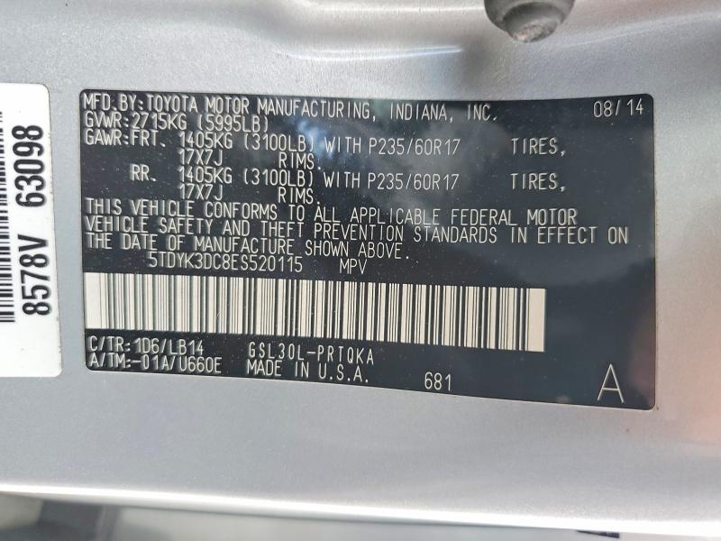2014 Toyota Sienna მანქანა იყიდება აუქციონზე, vin: 5TDYK3DC8ES520115, აუქციონის ნომერი: 48163116