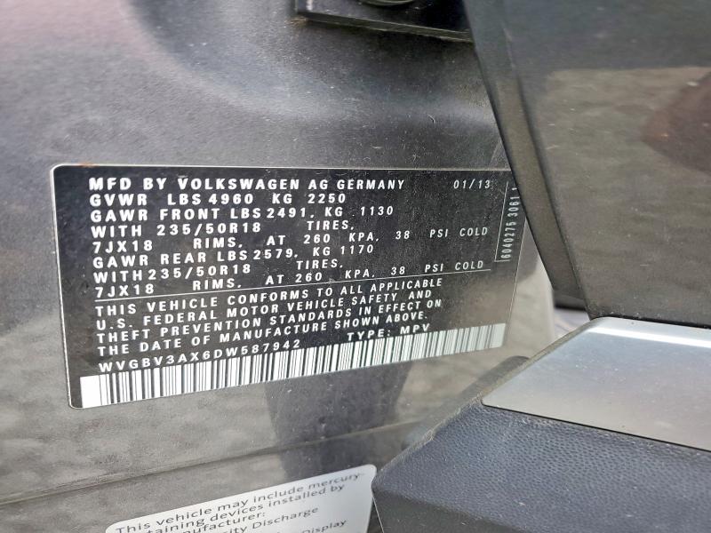 2013 Volkswagen Tiguan მანქანა იყიდება აუქციონზე, vin: WVGBV3AX6DW587942, აუქციონის ნომერი: 51586046