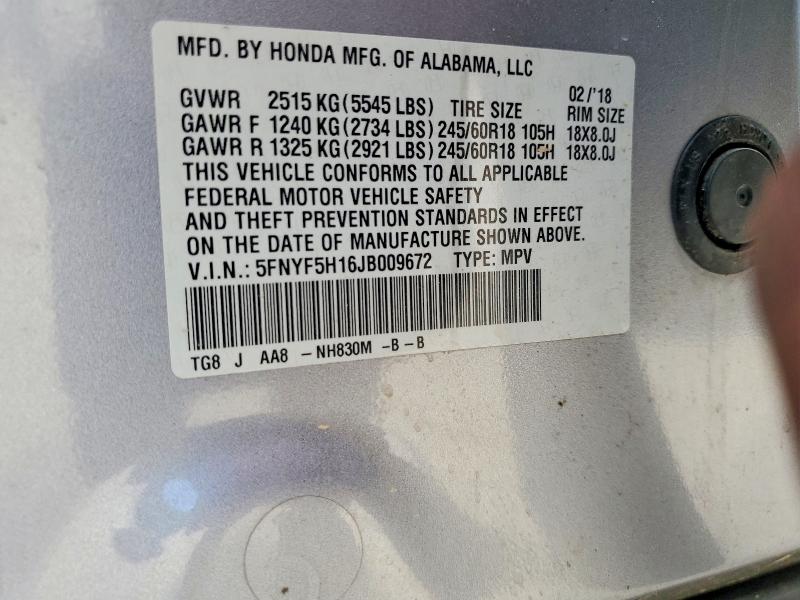 Продажа на аукционе авто 2018 Honda Pilot, vin: 5FNYF5H16JB009672, номер лота: 50064556