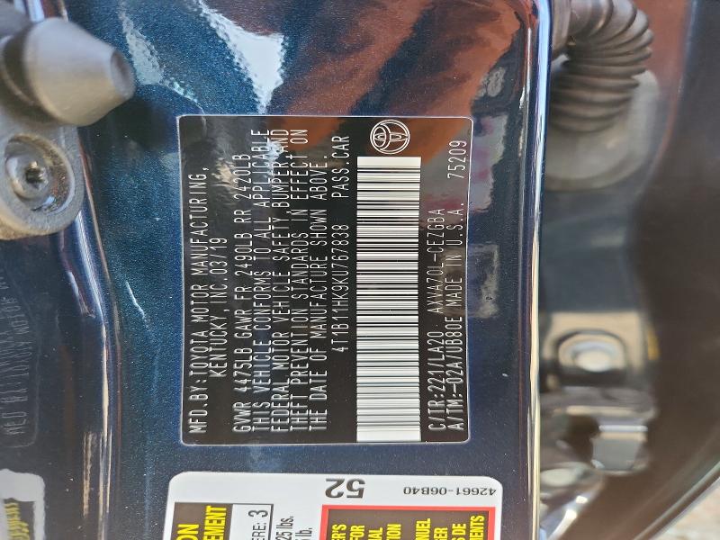 2019 Toyota Camry მანქანა იყიდება აუქციონზე, vin: 4T1B11HK9KU767838, აუქციონის ნომერი: 46778366