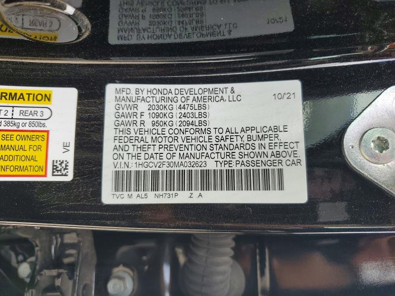 Aukcja sprzedaży 2021 Honda Accord, vin: 1HGCV2F30MA032623, numer aukcji: 50963246