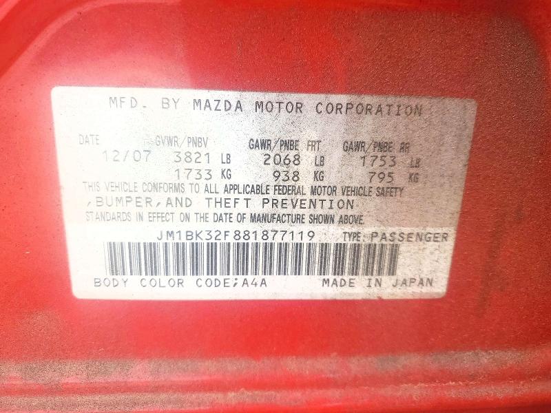 2008 Mazda 3 მანქანა იყიდება აუქციონზე, vin: JM1BK32F881877119, აუქციონის ნომერი: 50750396
