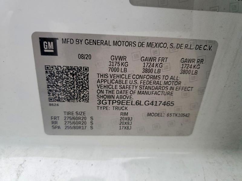 51590756 :رقم المزاد ، 3GTP9EEL6LG417465 vin ، 2020 Gmc Sierra مزاد بيع