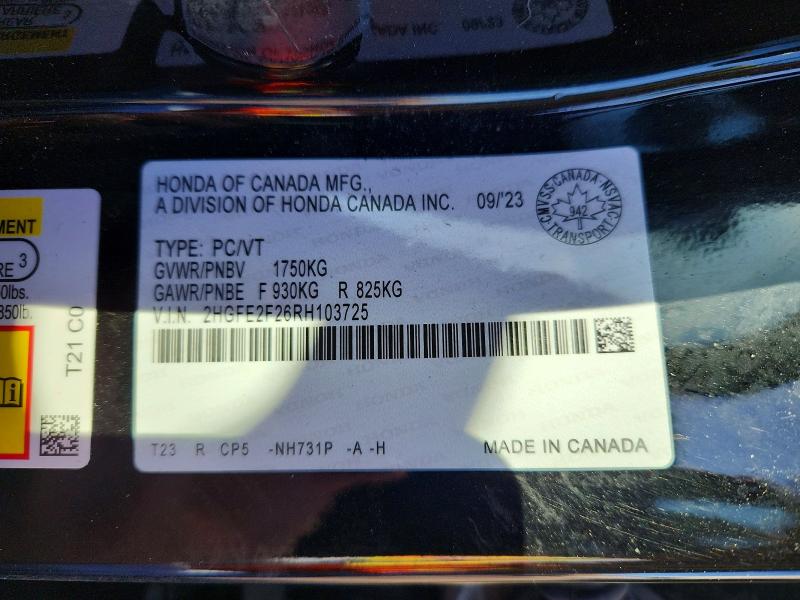 2024 Honda Civic მანქანა იყიდება აუქციონზე, vin: 2HGFE2F26RH103725, აუქციონის ნომერი: 49429046