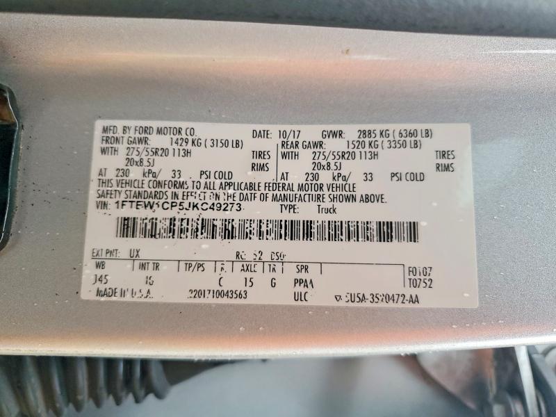 Продажа на аукционе авто 2018 Ford F150, vin: 1FTEW1CP5JKC49273, номер лота: 50730116
