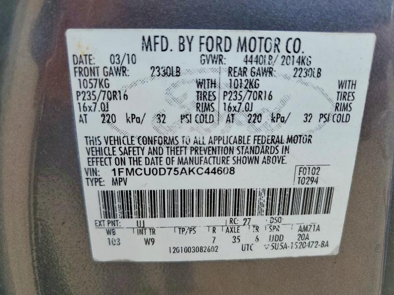 50657616 :رقم المزاد ، 1FMCU0D75AKC44608 vin ، 2010 Ford Escape مزاد بيع