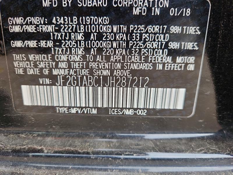 50169526 :رقم المزاد ، JF2GTABC1JH287212 vin ، 2018 Subaru Crosstrek مزاد بيع