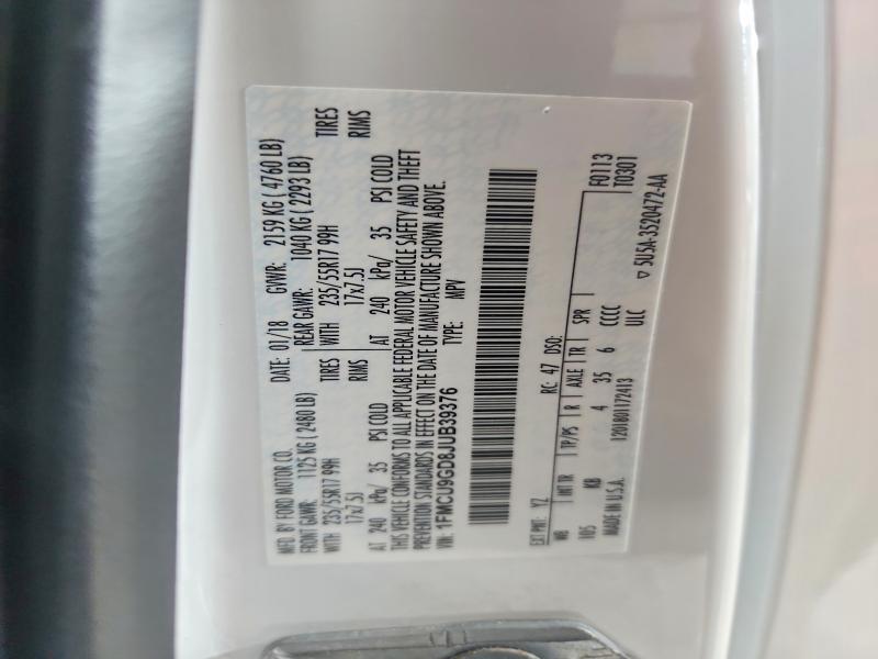2018 Ford Escape მანქანა იყიდება აუქციონზე, vin: 1FMCU9GD8JUB39376, აუქციონის ნომერი: 50527286