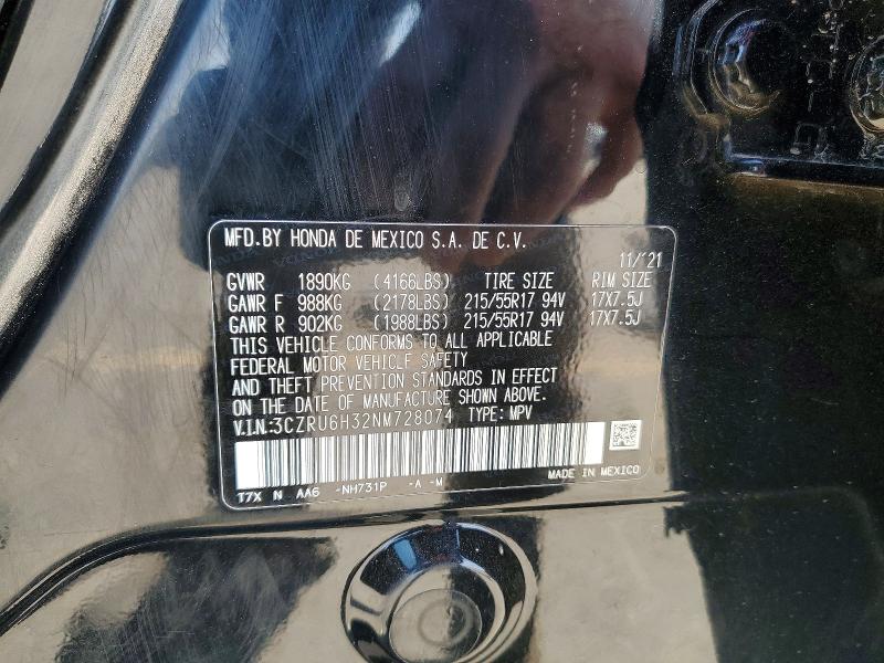 49603946 :رقم المزاد ، 3CZRU6H32NM728074 vin ، 2022 Honda Hr-v مزاد بيع