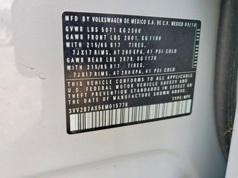 Продаж на аукціоні авто 2019 Volkswagen Tiguan, vin: 3VV2B7AX5KM015778, номер лоту: 50199066