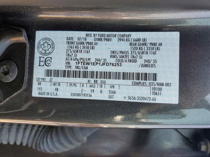50906266 :رقم المزاد ، 1FTEW1EP1JFD76253 vin ، 2018 Ford F150 مزاد بيع