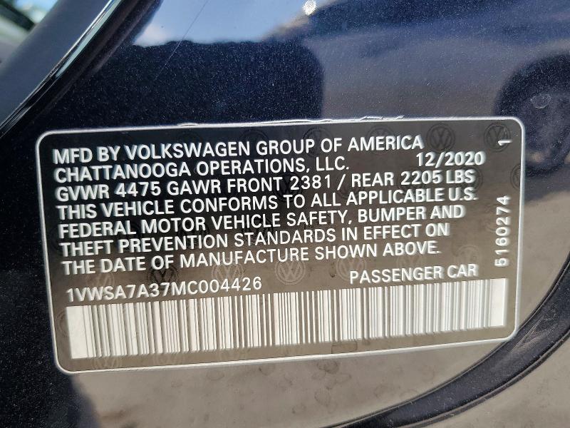 Продажа на аукционе авто 2021 Volkswagen Passat, vin: 1VWSA7A37MC004426, номер лота: 49761656