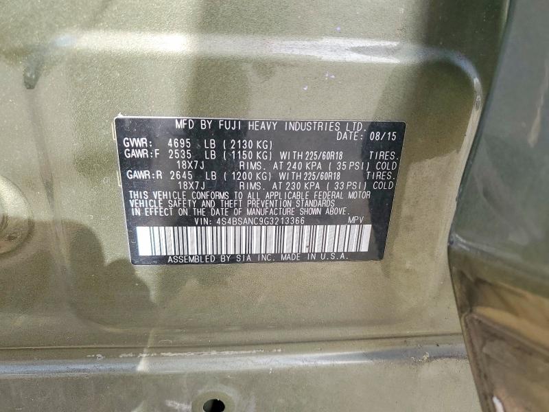 2016 Subaru Outback მანქანა იყიდება აუქციონზე, vin: 4S4BSANC9G3213366, აუქციონის ნომერი: 50371186