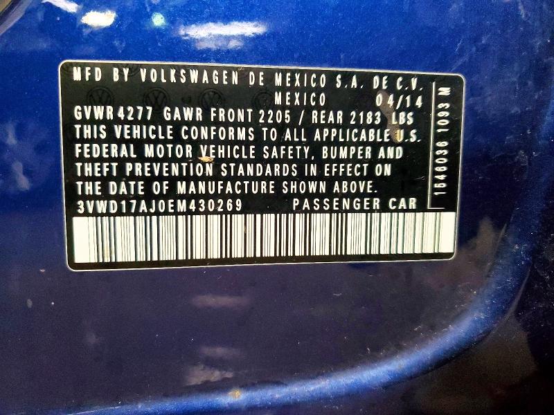 2014 Volkswagen Jetta მანქანა იყიდება აუქციონზე, vin: 3VWD17AJ0EM430269, აუქციონის ნომერი: 48444846