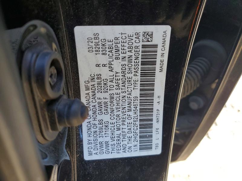 49400016 :رقم المزاد ، 2HGFC2F62LH546759 vin ، 2020 Honda Civic مزاد بيع