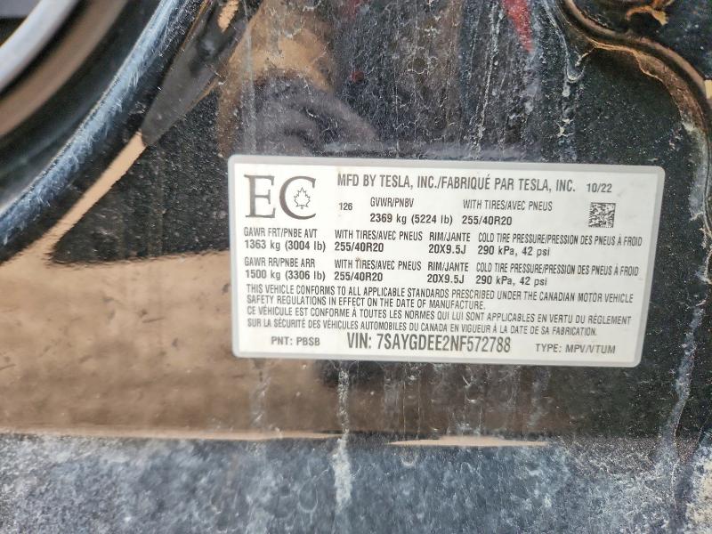 2022 Tesla Model Y მანქანა იყიდება აუქციონზე, vin: 7SAYGDEE2NF572788, აუქციონის ნომერი: 50039756