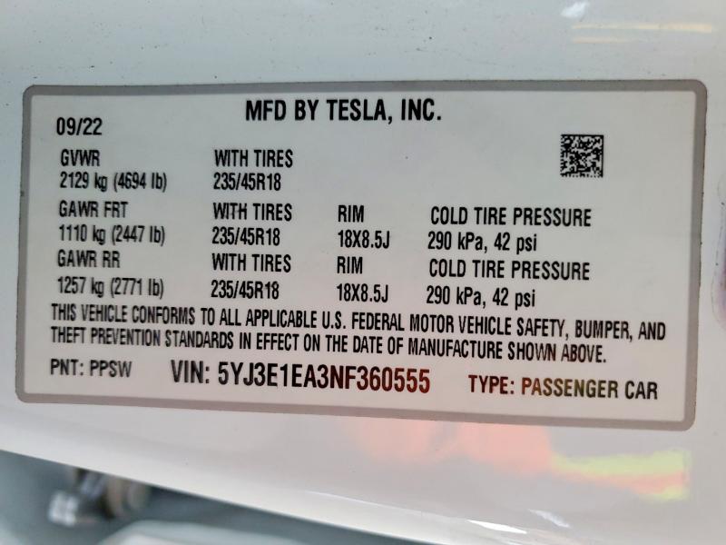 Aukcja sprzedaży 2022 Tesla Model 3, vin: 5YJ3E1EA3NF360555, numer aukcji: 51512386