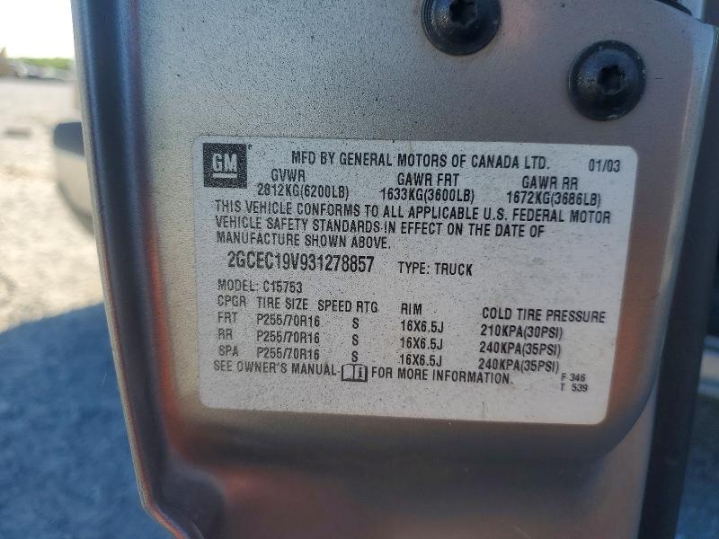 2003 Chevrolet Silverado მანქანა იყიდება აუქციონზე, vin: 2GCEC19V931278857, აუქციონის ნომერი: 49959136