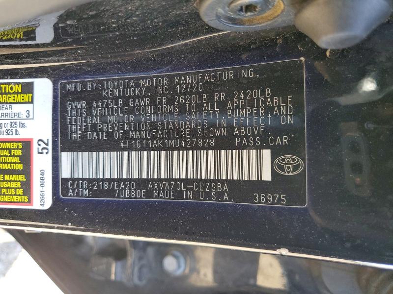 Продажа на аукционе авто 2021 Toyota Camry, vin: 4T1G11AK1MU427828, номер лота: 48777216