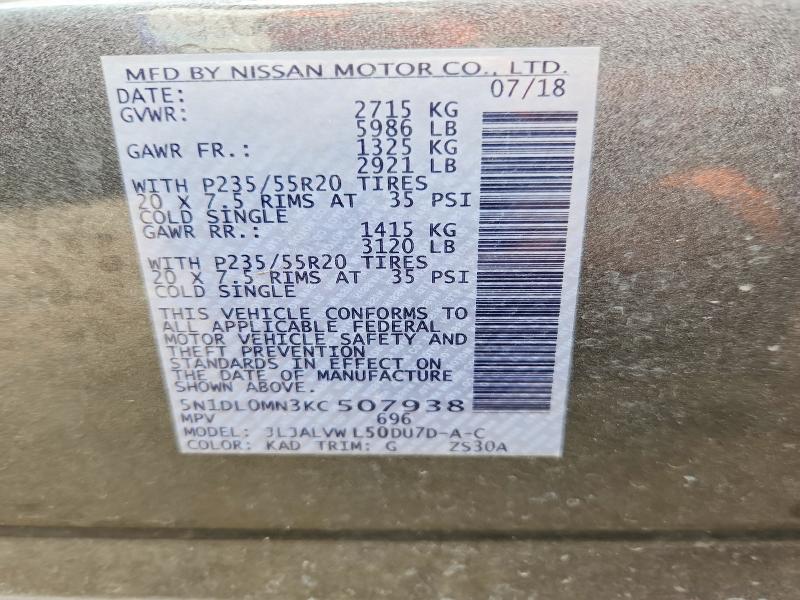 Aukcja sprzedaży 2019 Infiniti Qx60, vin: 5N1DL0MN3KC507938, numer aukcji: 50421576