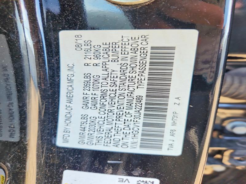 Aukcja sprzedaży 2018 Honda Accord, vin: 1HGCV1F30JA222489, numer aukcji: 51199256
