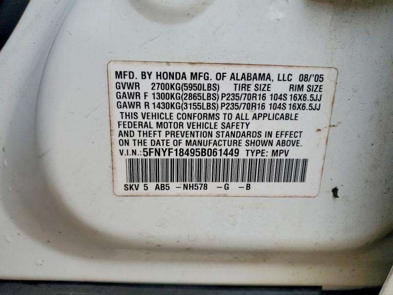 Auction sale of the 2005 Honda Pilot, vin: 5FNYF18495B061449, lot number: 51681666