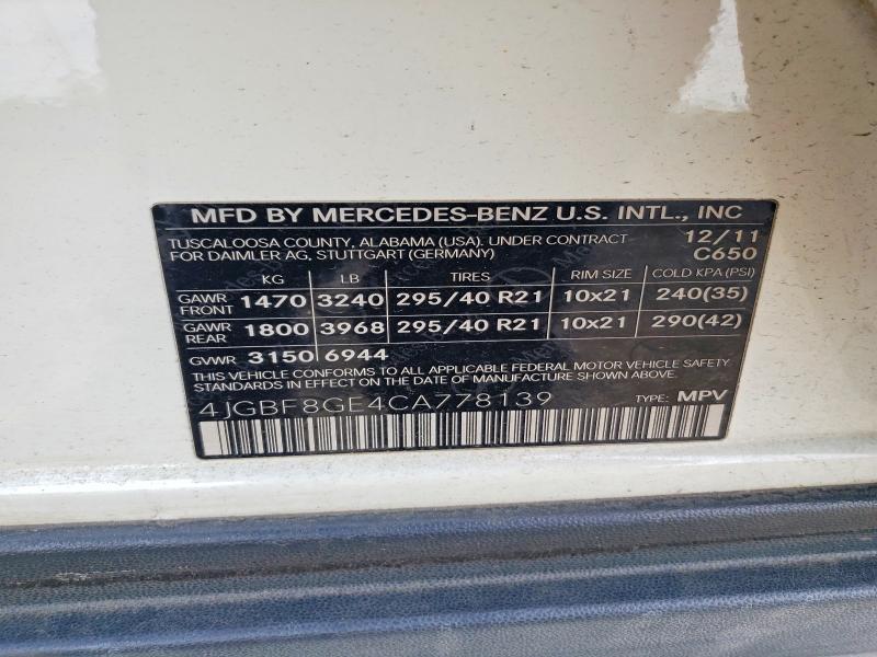Aukcja sprzedaży 2012 Mercedes-benz Gl, vin: 4JGBF8GE4CA778139, numer aukcji: 50219296