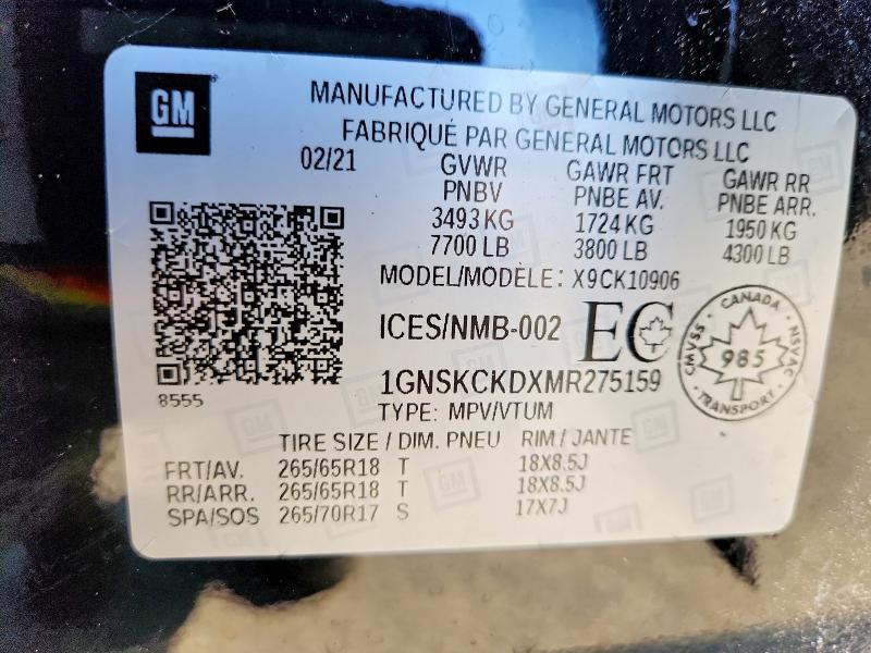 Aukcja sprzedaży 2021 Chevrolet Suburban, vin: 1GNSKCKDXMR275159, numer aukcji: 50407936