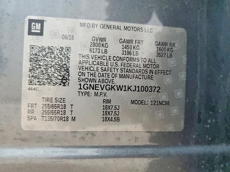 51519586 :رقم المزاد ، 1GNEVGKW1KJ100372 vin ، 2019 Chevrolet Traverse مزاد بيع