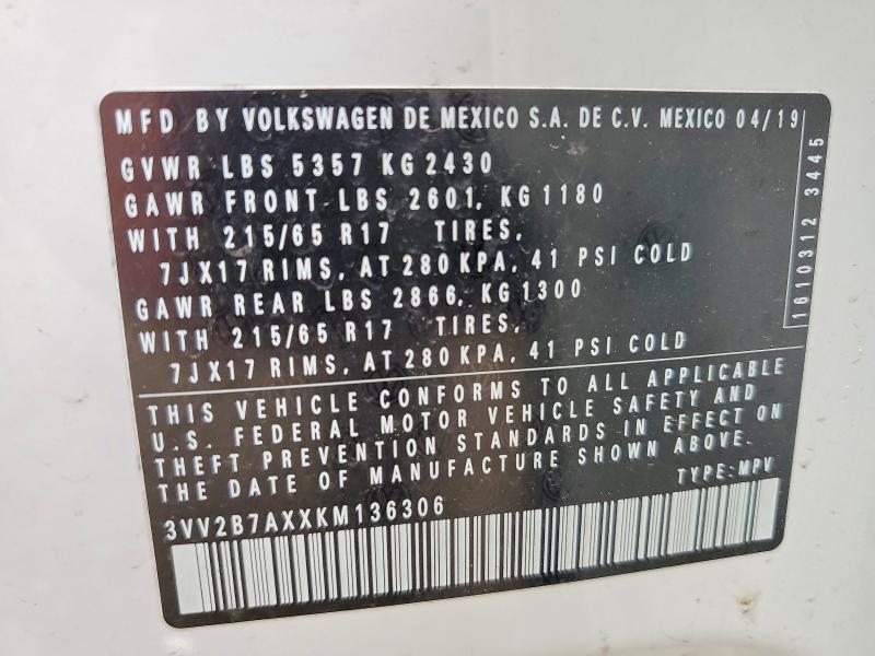 2019 Volkswagen Tiguan მანქანა იყიდება აუქციონზე, vin: 3VV2B7AXXKM136306, აუქციონის ნომერი: 49784216