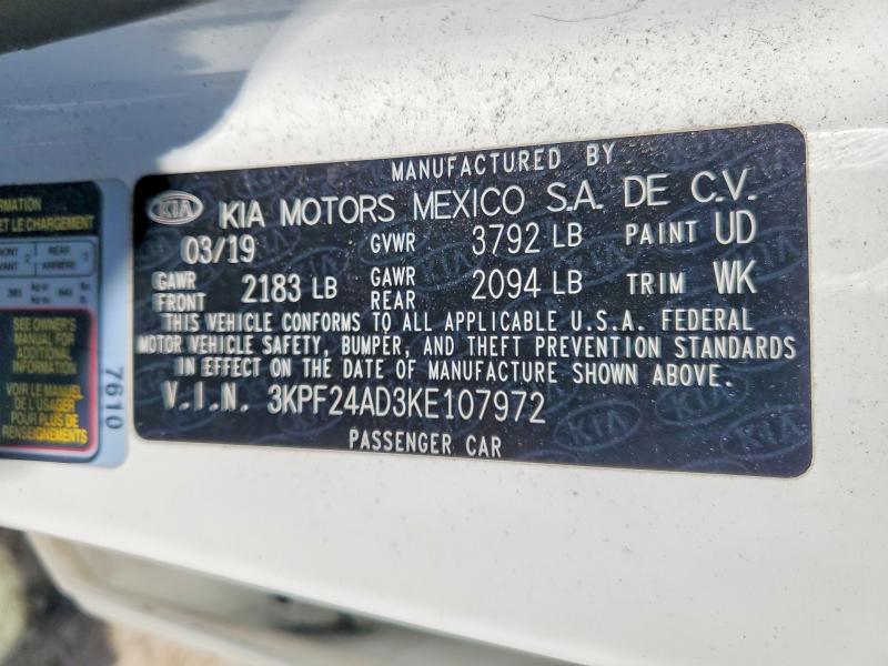 2019 Kia Forte მანქანა იყიდება აუქციონზე, vin: 3KPF24AD3KE107972, აუქციონის ნომერი: 50586946