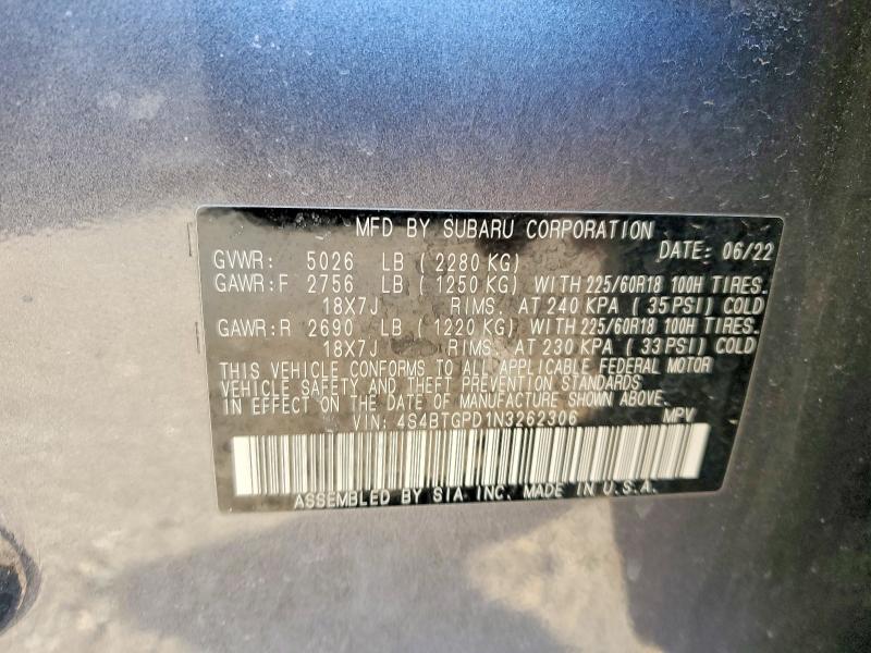 Aukcja sprzedaży 2022 Subaru Outback, vin: 4S4BTGPD1N3262306, numer aukcji: 50187226