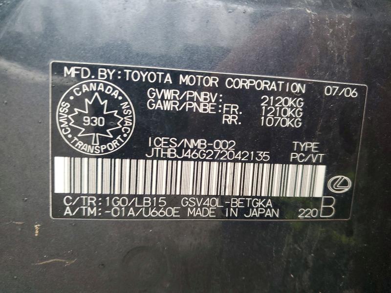 Продажа на аукционе авто 2007 Lexus Es 350, vin: JTHBJ46G272042135, номер лота: 48489106