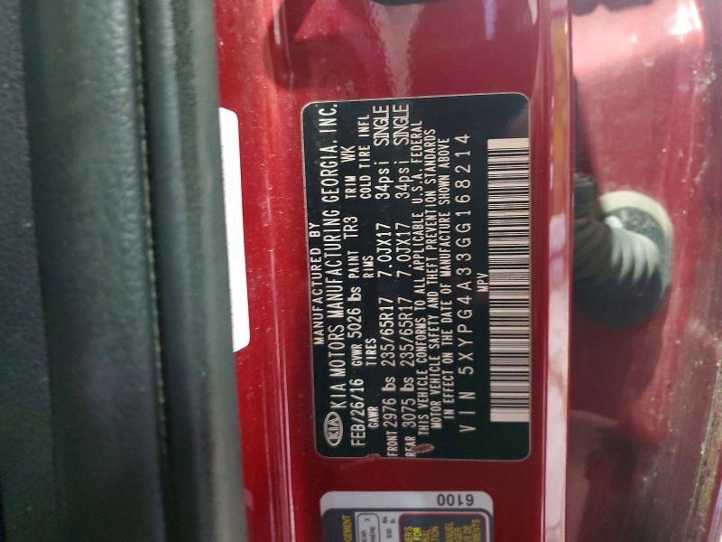 51138426 :رقم المزاد ، 5XYPG4A33GG168214 vin ، 2016 Kia Sorento مزاد بيع