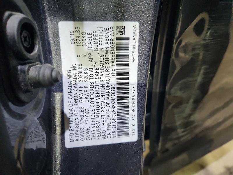 Продаж на аукціоні авто 2019 Honda Civic, vin: 2HGFC2F63KH570793, номер лоту: 49552136