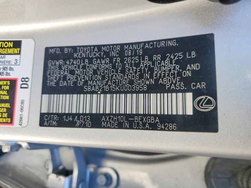 Auction sale of the 2019 Lexus Es, vin: 58AB21B15KU003958, lot number: 50627296