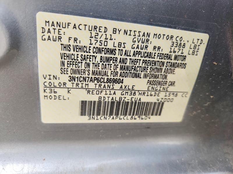Продажа на аукционе авто 2012 Nissan Versa, vin: 3N1CN7AP6CL869604, номер лота: 49115936