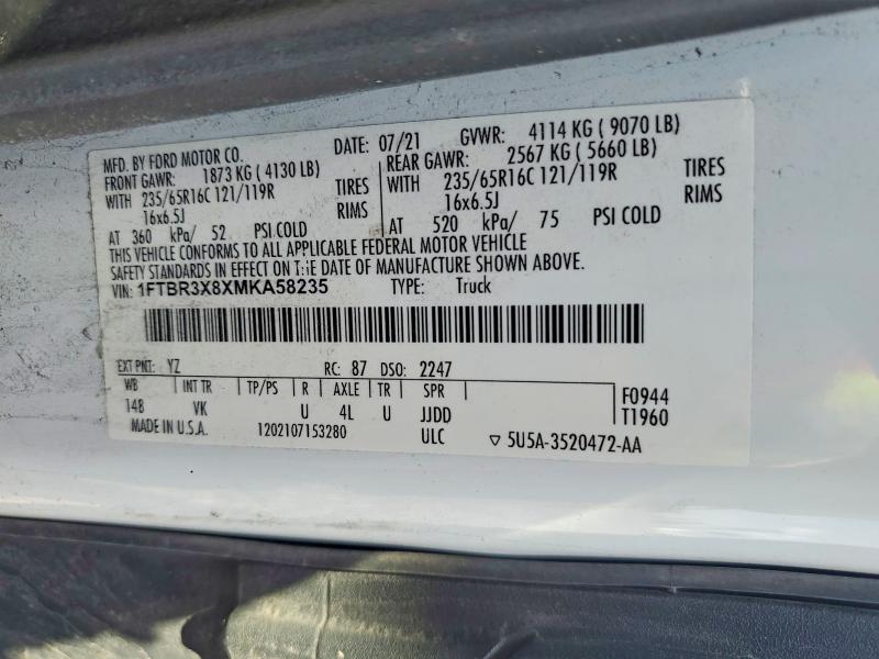 2021 Ford Transit მანქანა იყიდება აუქციონზე, vin: 1FTBR3X8XMKA58235, აუქციონის ნომერი: 49463386