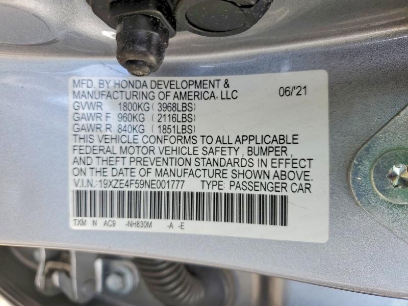 2022 Honda Insight მანქანა იყიდება აუქციონზე, vin: 19XZE4F59NE001777, აუქციონის ნომერი: 49320326