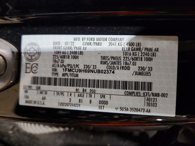 Aukcja sprzedaży 2022 Ford Escape, vin: 1FMCU9H69NUB02374, numer aukcji: 48110456