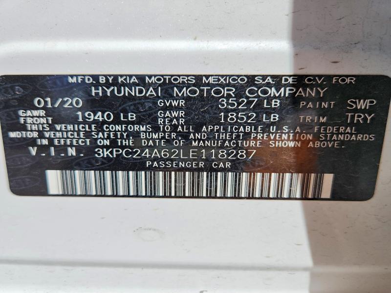 2020 Hyundai Accent მანქანა იყიდება აუქციონზე, vin: 3KPC24A62LE118287, აუქციონის ნომერი: 50155606