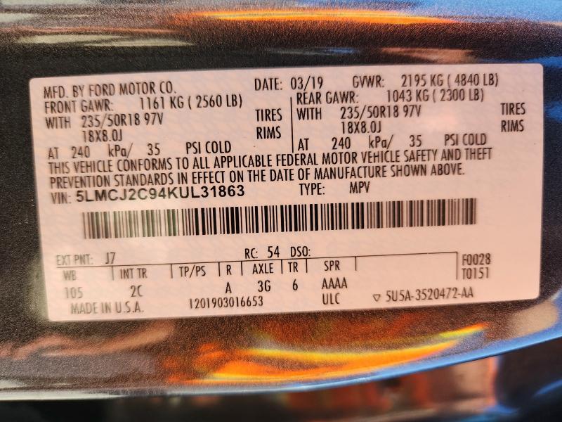 51565766 :رقم المزاد ، 5LMCJ2C94KUL31863 vin ، 2019 Lincoln Mkc مزاد بيع