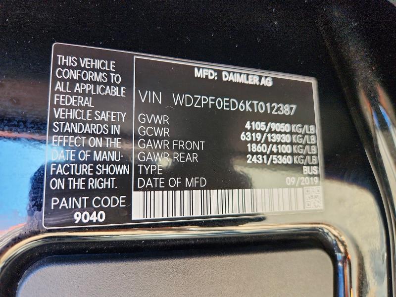 51451626 :رقم المزاد ، WDZPF0ED6KT012387 vin ، 2019 Mercedes-benz Sprinter مزاد بيع