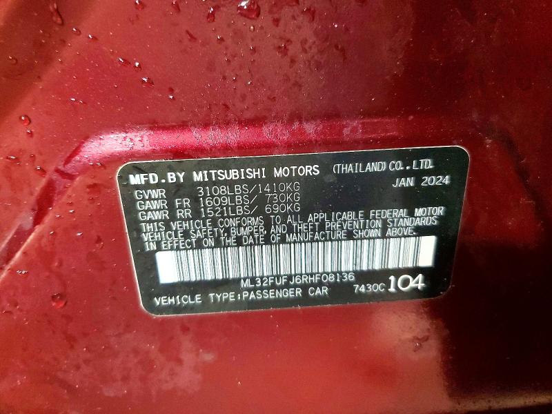 2024 Mitsubishi Mirage მანქანა იყიდება აუქციონზე, vin: ML32FUFJ6RHF08136, აუქციონის ნომერი: 48672026