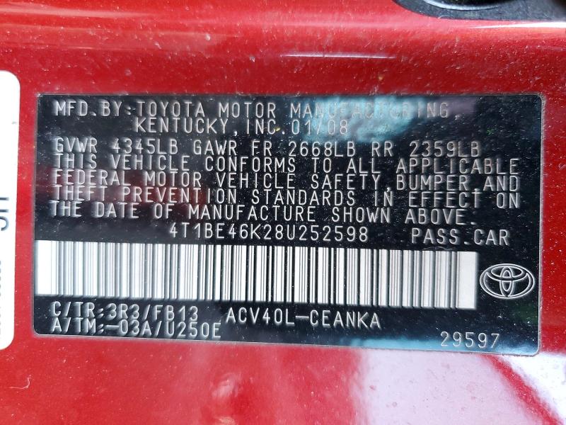 Aukcja sprzedaży 2008 Toyota Camry, vin: 4T1BE46K28U252598, numer aukcji: 50108246