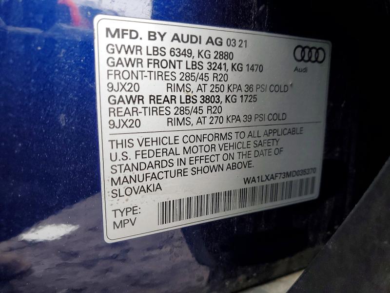 48259576 :رقم المزاد ، WA1LXAF73MD035370 vin ، 2021 Audi Q7 مزاد بيع