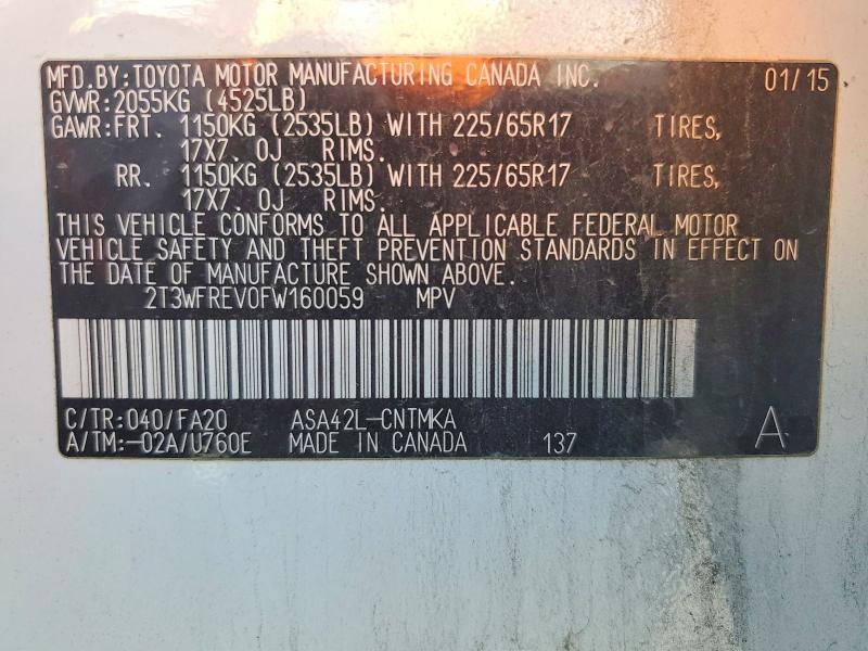 2015 Toyota Rav4 მანქანა იყიდება აუქციონზე, vin: 2T3WFREV0FW160059, აუქციონის ნომერი: 50835476