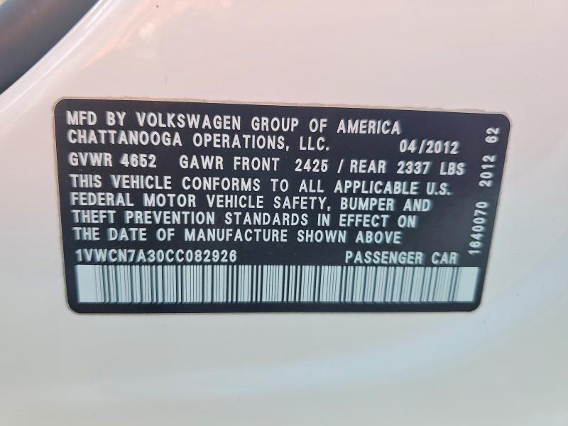 Aukcja sprzedaży 2012 Volkswagen Passat, vin: 1VWCN7A30CC082926, numer aukcji: 50657326