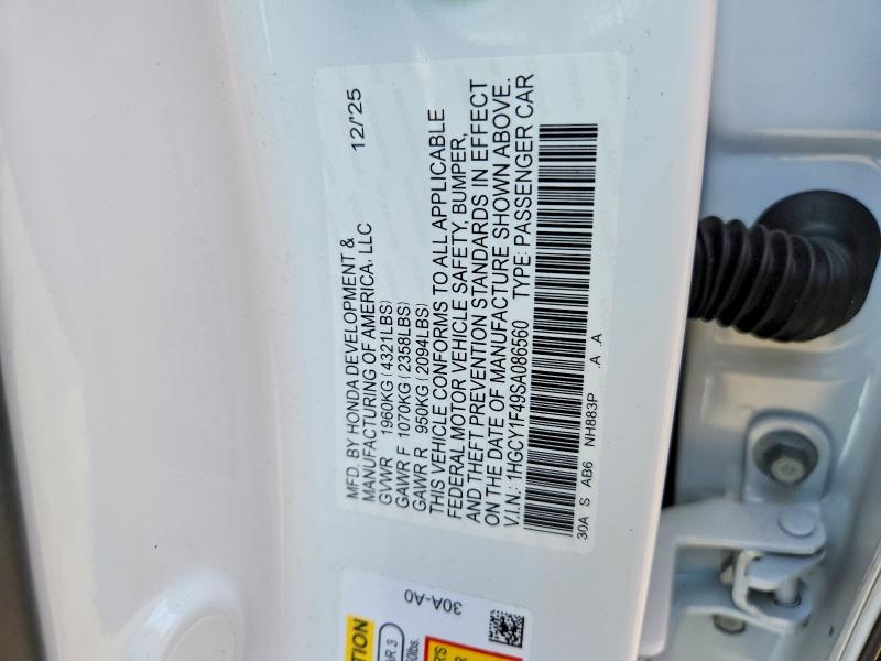 2025 Honda Accord მანქანა იყიდება აუქციონზე, vin: 1HGCY1F49SA086560, აუქციონის ნომერი: 49816976