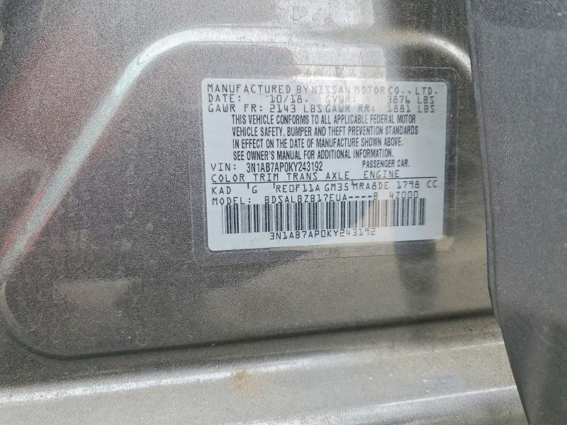 Продажа на аукционе авто 2019 Nissan Sentra, vin: 3N1AB7AP0KY243192, номер лота: 50464556